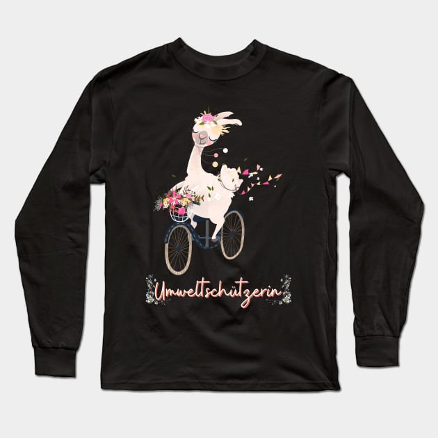 Alpaka Fahrrad Umwelt Schutz Prinzessin Blumen Süß.png Long Sleeve T-Shirt by Maggini Art